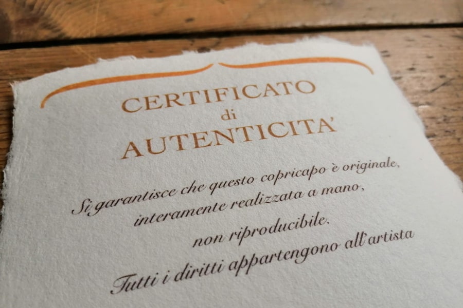 Certificato di autenticità in cotone con ologramma